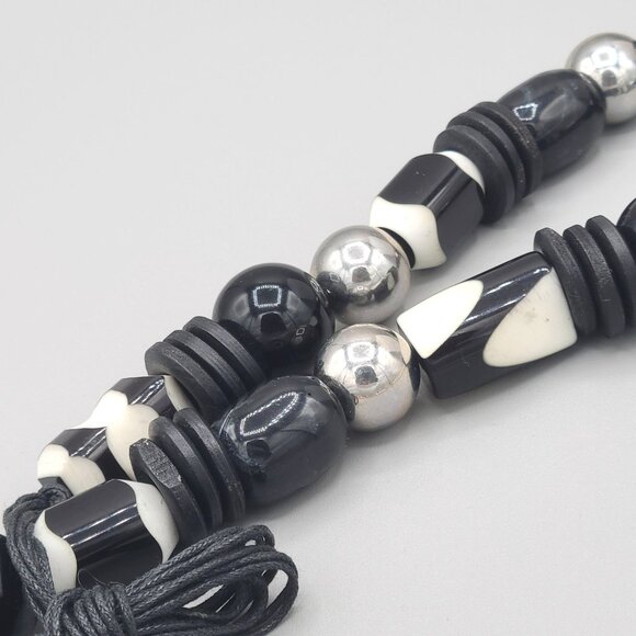 Black and White Large Bead Boho Necklace Black Cord Silver Ball Spacers - Picture 6 of 7